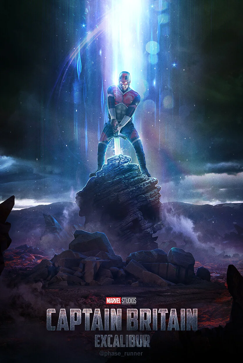 A person dressed as Captain Britain stands atop a rocky hill, illuminated by a beam of light from above, with a cosmic and stormy sky in the background. The image is a promotional poster for Marvel Studios' Captain Britain: Excalibur.