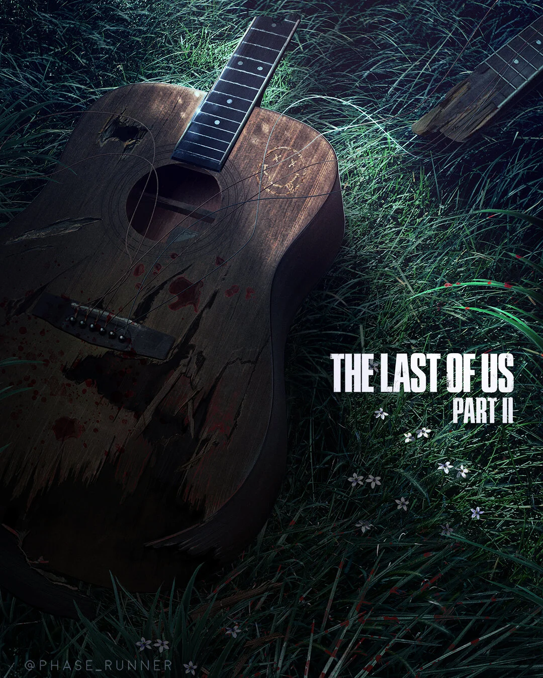A damaged, bloodstained guitar lying on tall grass with the text 'The Last of Us Part II' in the lower right corner.