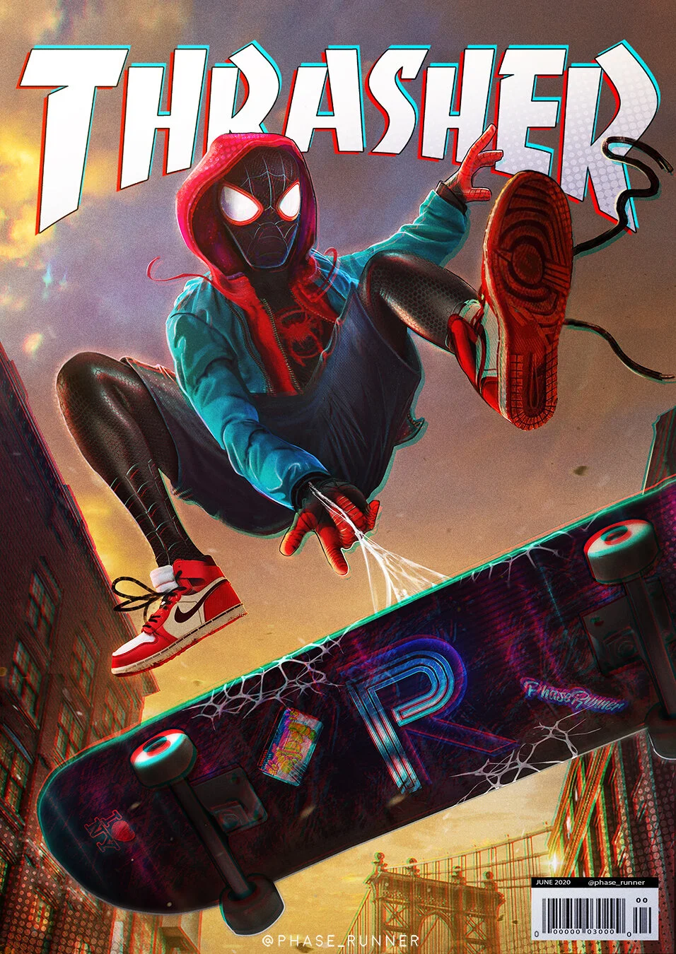 Spider-Man wearing a hoodie, mask, and sneakers performing a skateboard trick with a graffiti-style 'THRASHER' logo in the background.