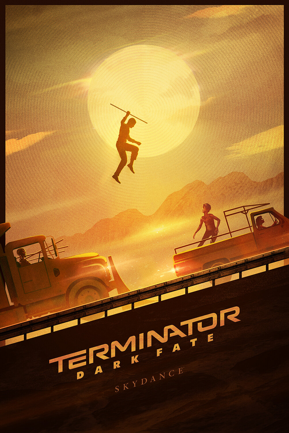 Animated scene with a person being launched into the air by a large truck, set against a sunset with mountains and a large glowing sun, featuring the title "Terminator Dark Fate" and a subtitle "Skydance".