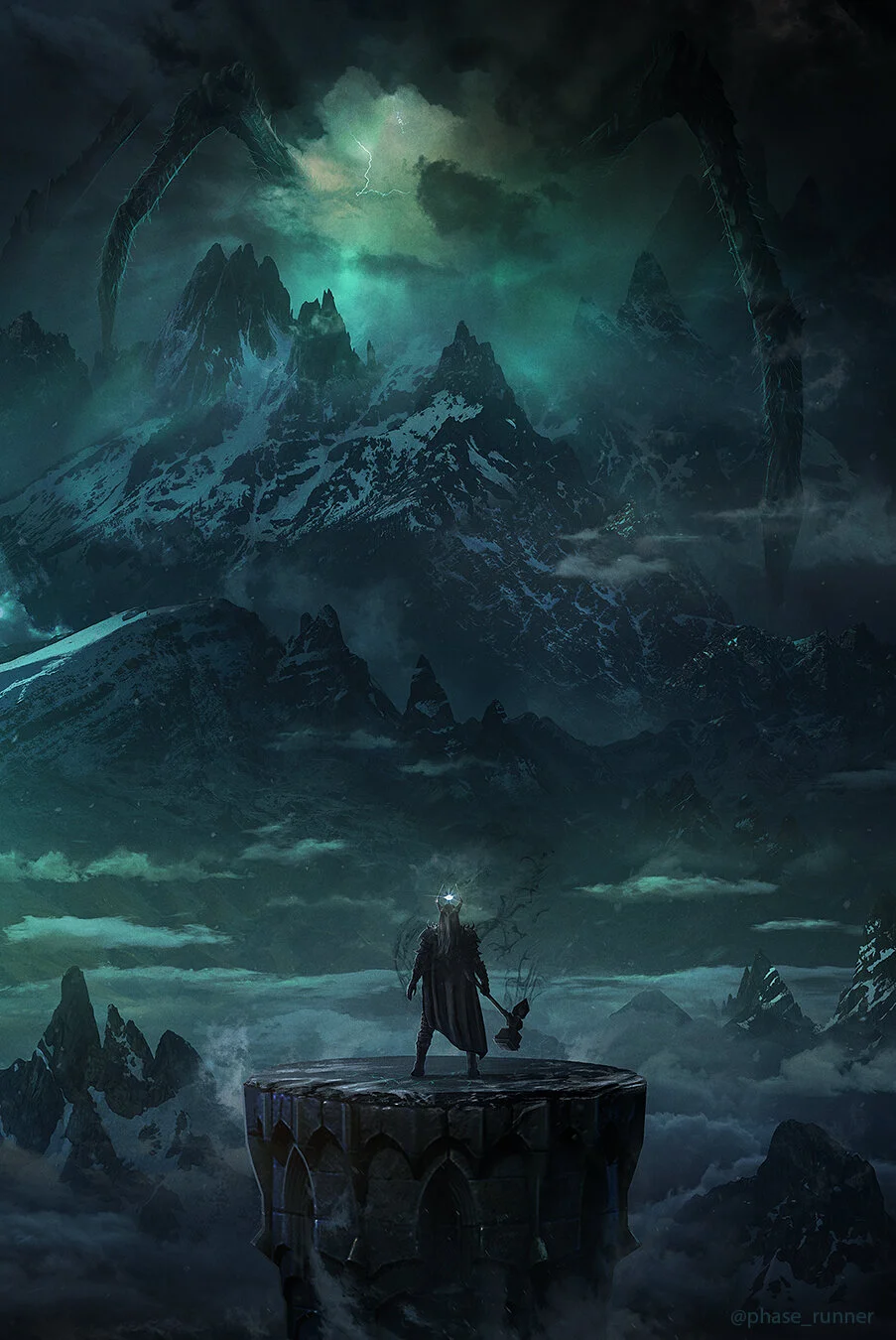 A dark, fantasy landscape with snow-capped mountains, stormy skies, and lightning. A figure stands on a stone platform in the foreground, holding a hammer and a staff, with a glowing crown or headpiece.