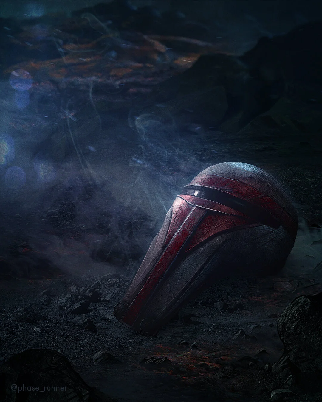A futuristic helmet lying on dark, rocky ground with a smoky, mysterious background and faint reflections of fish swimming in water.