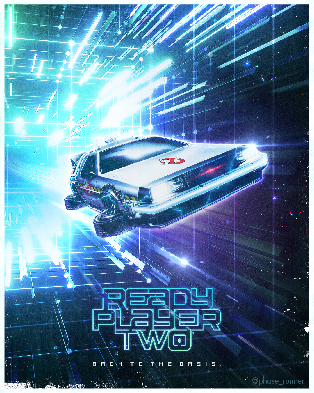 A futuristic DeLorean car from the movie 'Back to the Future' floating in a digital, sci-fi space with glowing blue and purple lines and light effects, with text that says 'Ready Player Two' and 'Back to the Oasis'.