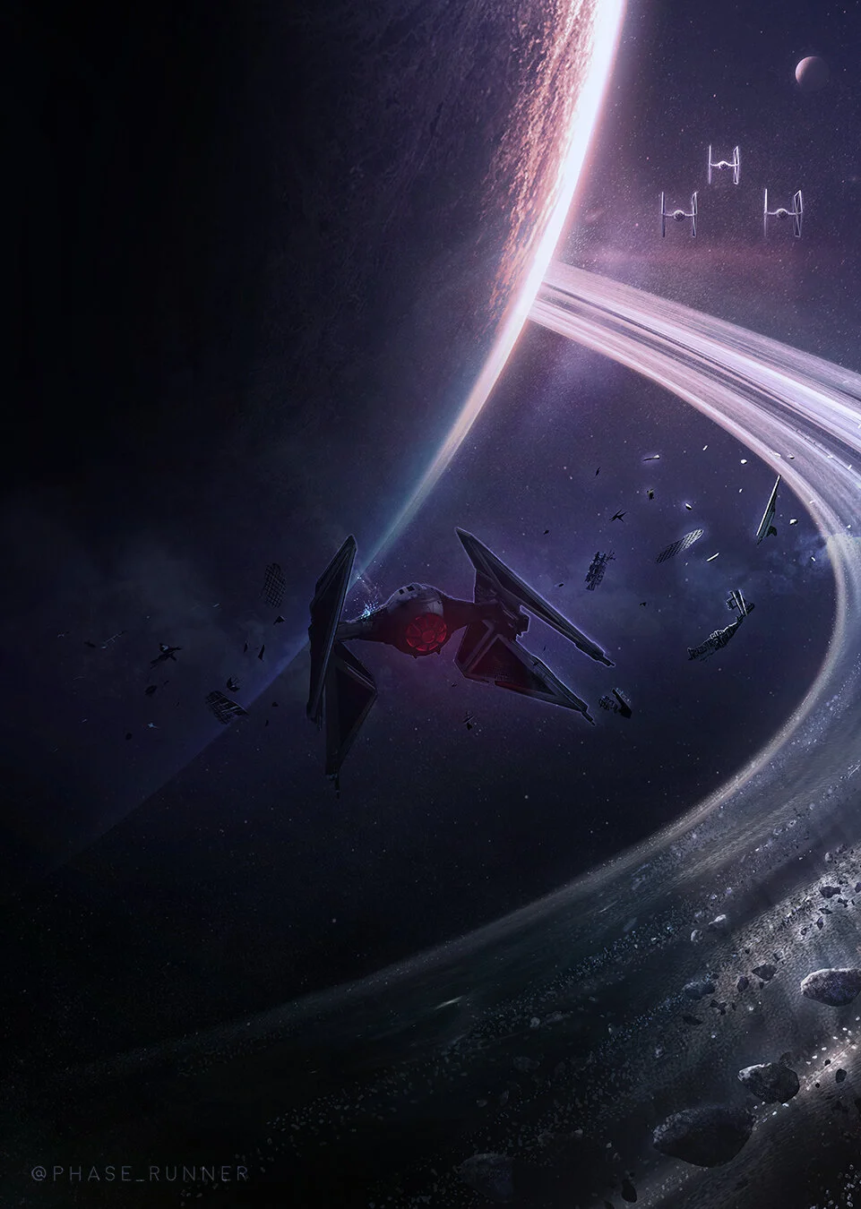 A space scene featuring a spaceship near a planet with rings, space debris, and satellite structures, with TIE fighters and a planet in the background.