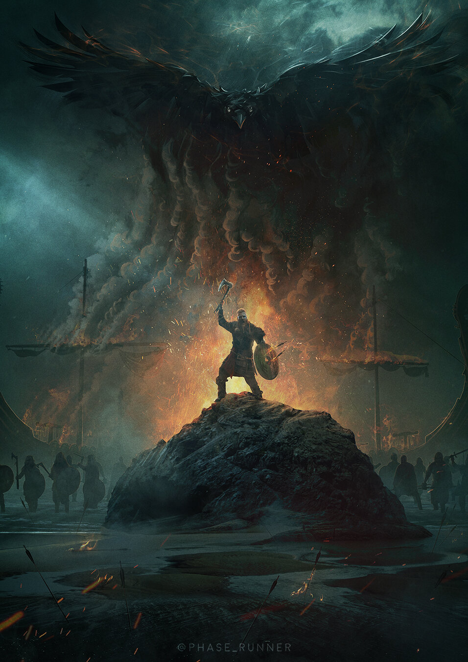 A warrior standing on a rock with a raised axe and shield in front of a fiery background, facing a giant dark winged creature in the sky, with smoke, fire, and a group of soldiers in the distance.