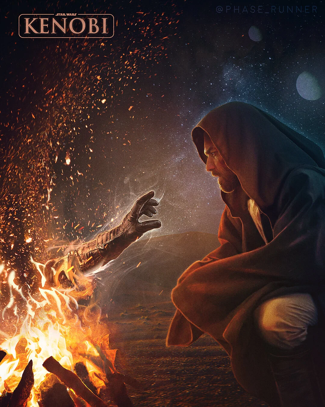 A man dressed in a hooded jacket crouches near a campfire at night, reaching out to a robotic hand emerging from the fire, with a starry sky and galaxy in the background.