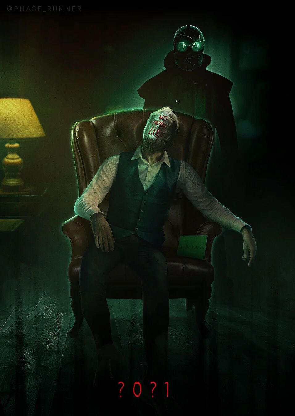A dark scene with a man sitting in a leather armchair, wearing a vest and shirt with a mask over his face reading 'NO FOOD OR LIES'. Behind him, a figure wearing a hood, glasses, and a mask stands in the shadows. A lamp on a side table provides dim l