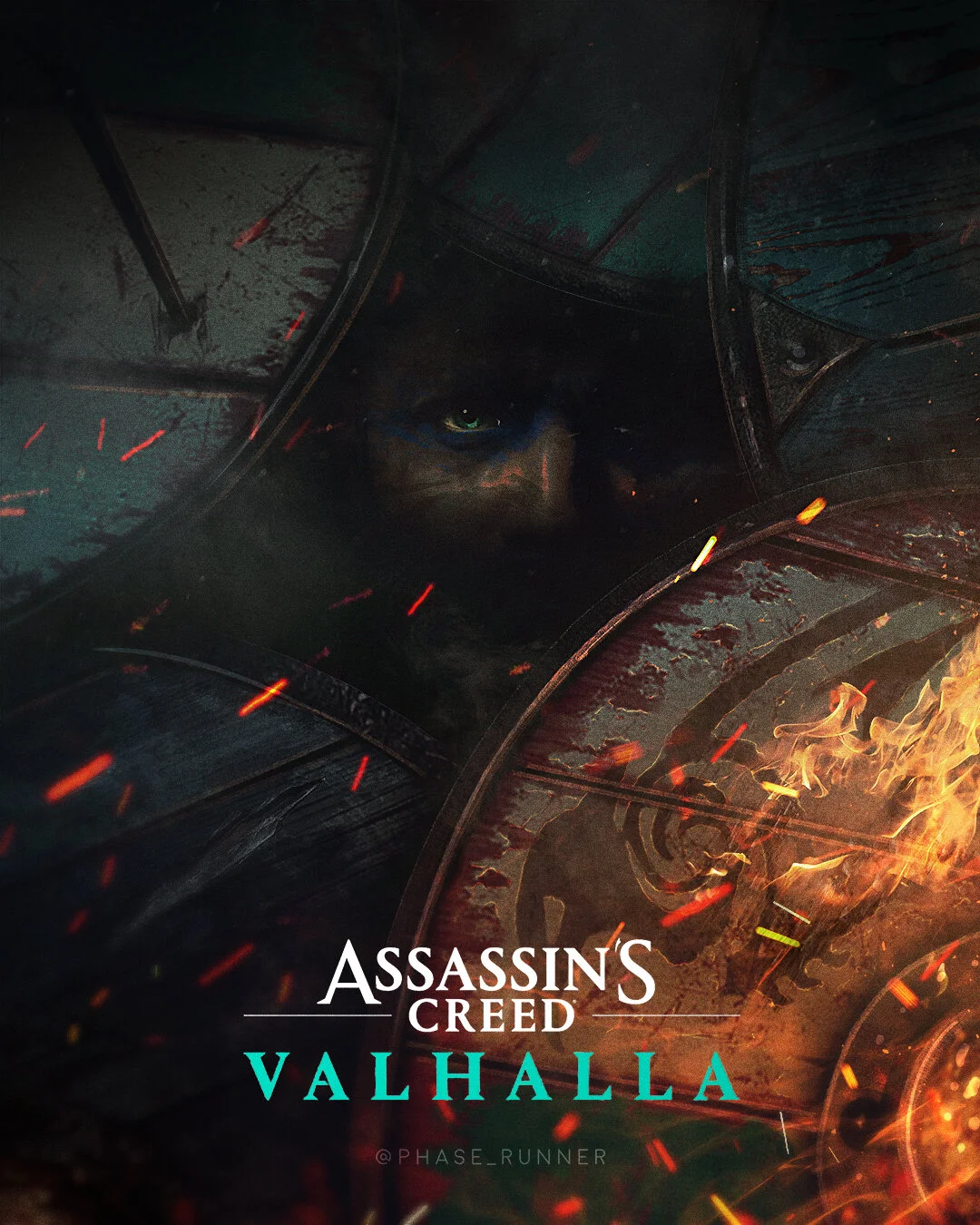 Close-up of a masked character from Assassin's Creed Valhalla, wearing a helmet with visible scratches and fire sparks surrounding them.