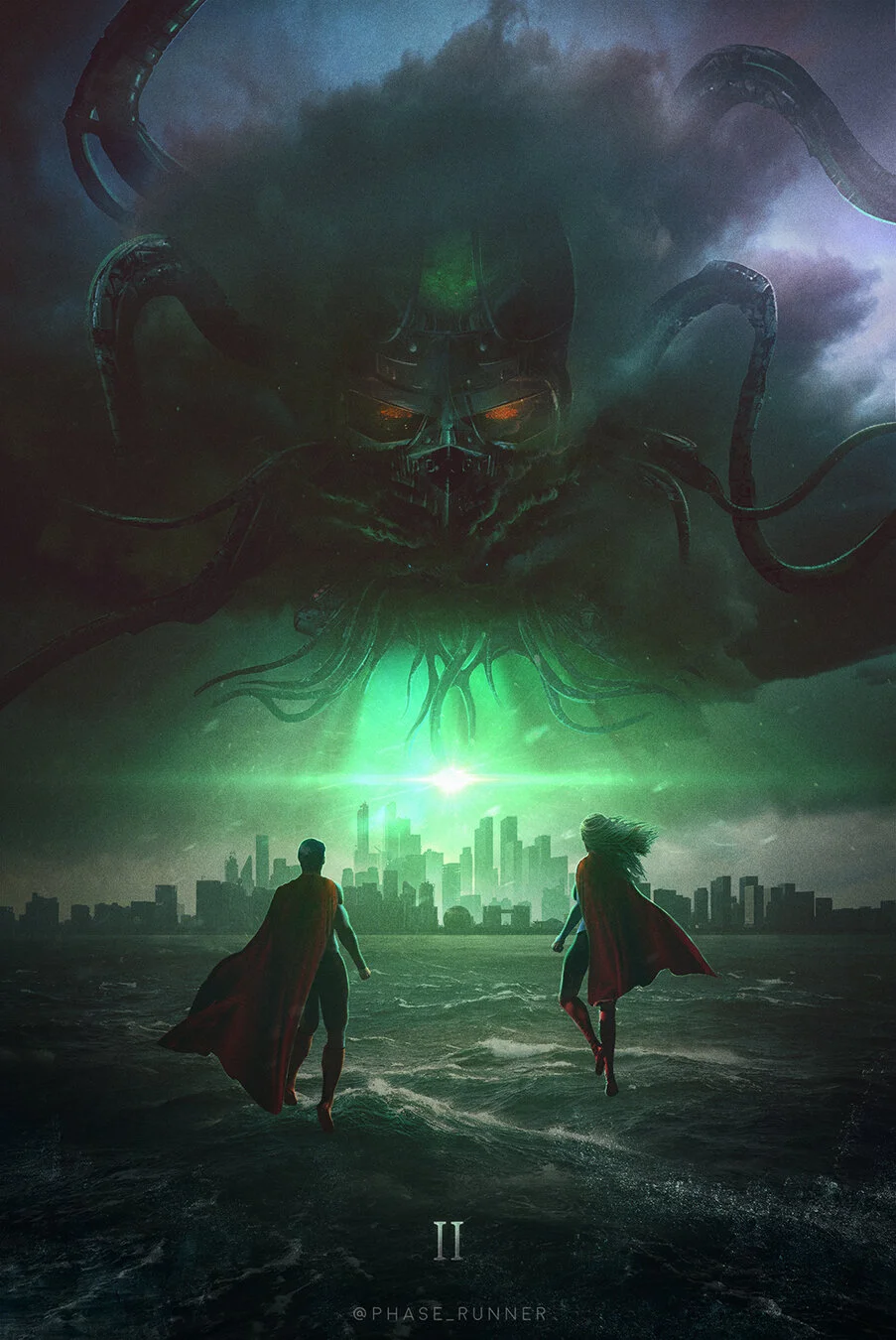 Image of a futuristic scene with two superheroes, a man and a woman, running through a flooded city with a dark, stormy sky. Above them, a large menacing robotic skull with glowing eyes and tentacle-like appendages floats in the sky, emitting a green
