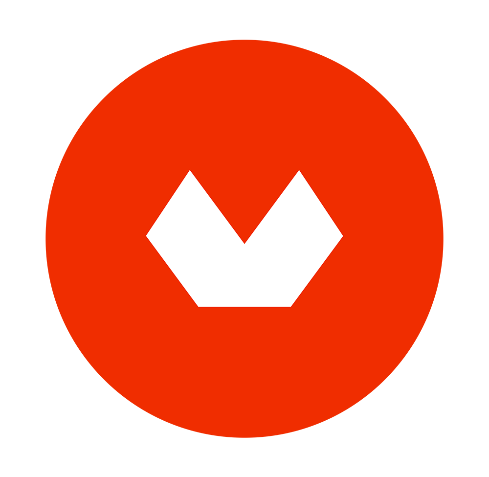 A red circle with a white stylized 'V' shape in the center.