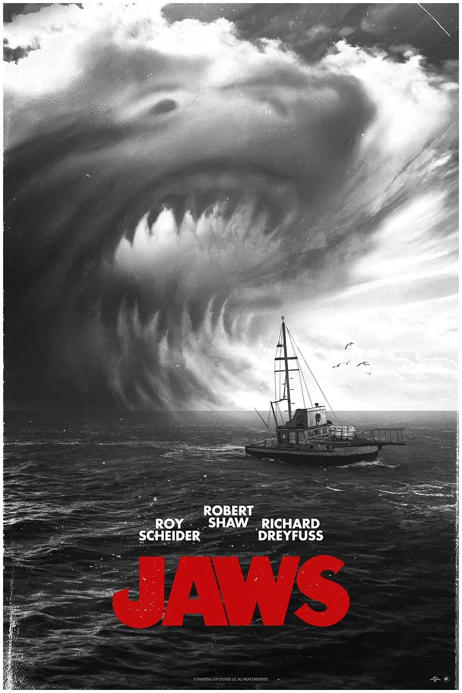 A black and white poster depicting a boat on water with an enormous storm cloud overhead, resembling a giant eye with a swirling vortex. The poster features the title "Jaws" in bold red letters and the names Roy Scheider, Robert Shaw, and Richard Dreyfuss.