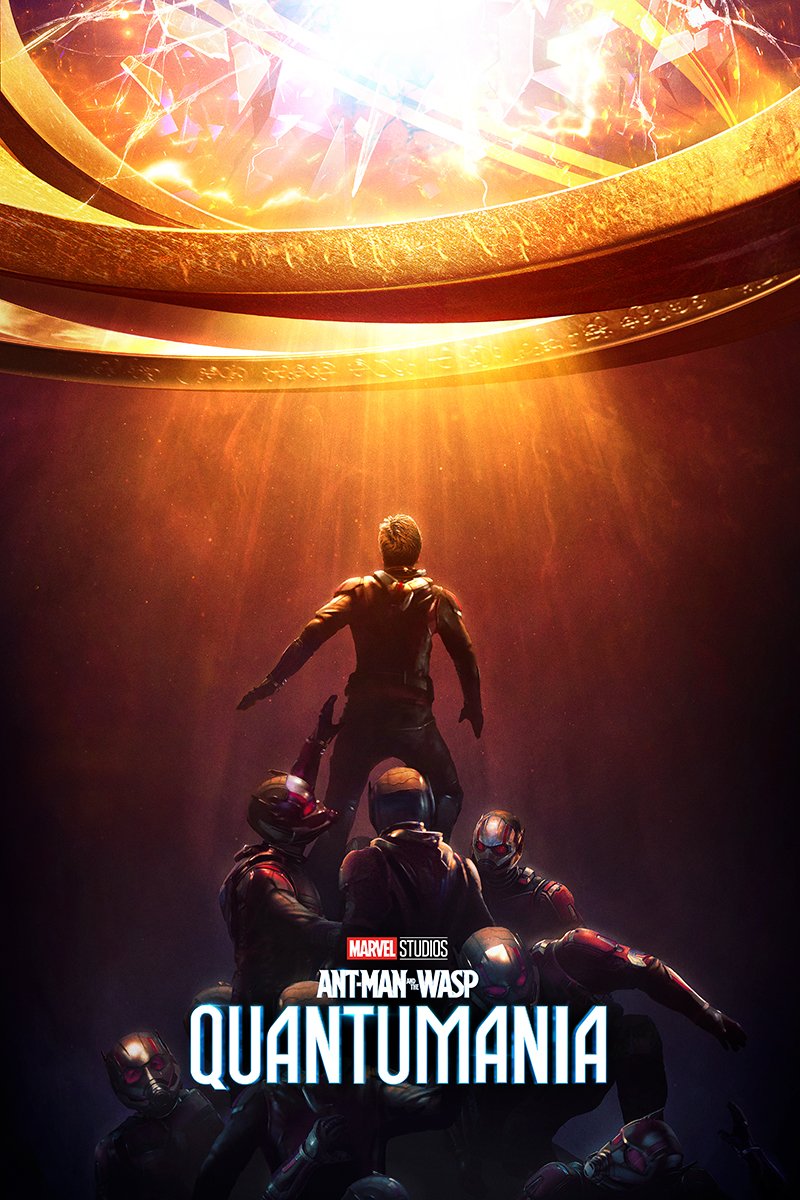 Poster for Marvel Studios' 'Ant-Man and The Wasp: Quantumania' featuring a group of characters standing beneath a glowing, cracked portal in a sci-fi setting.