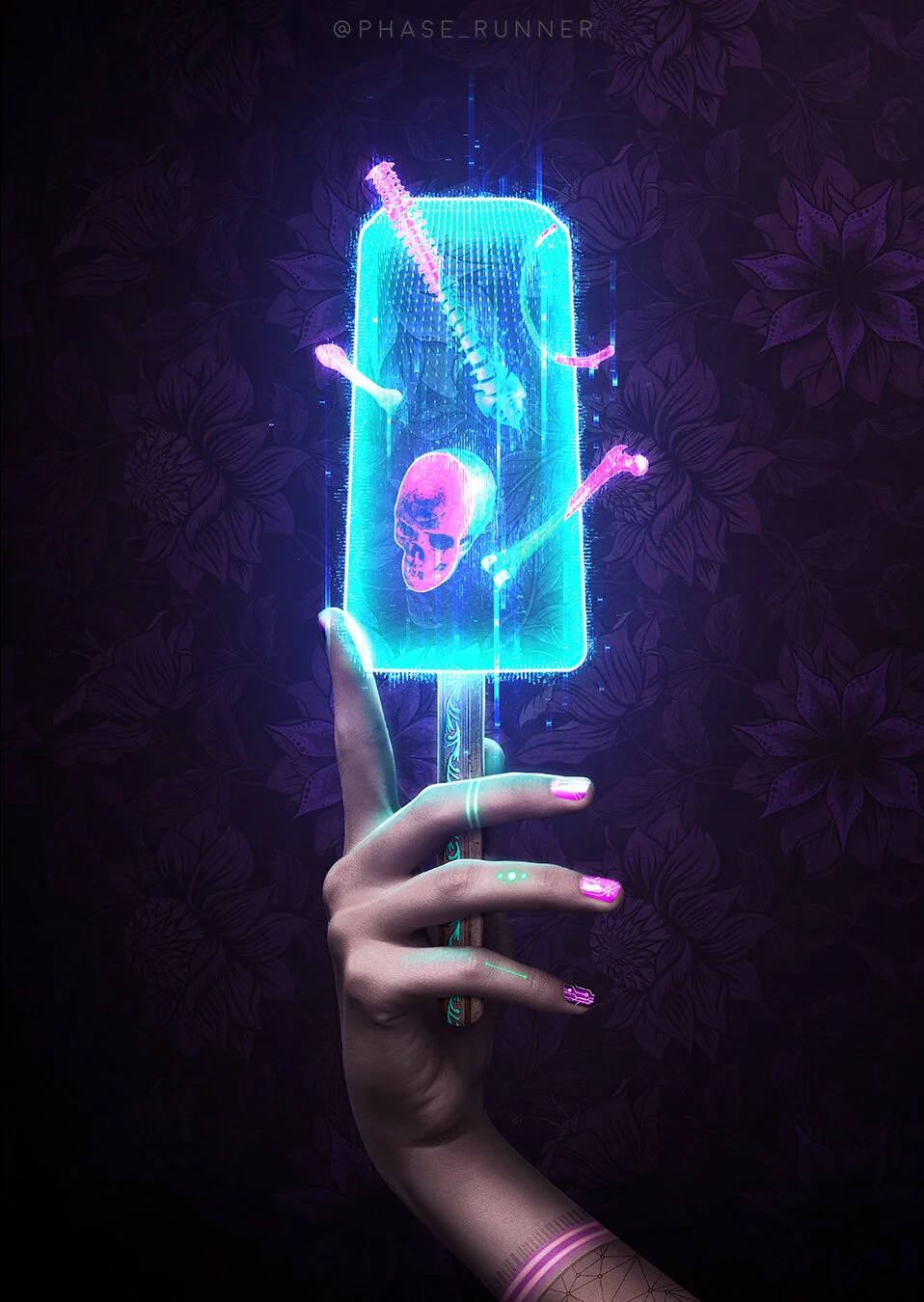 A hand with pink nail polish and a tattoo on the wrist holding a holographic popsicle with a glowing skull and colorful syringes inside against a dark floral background.