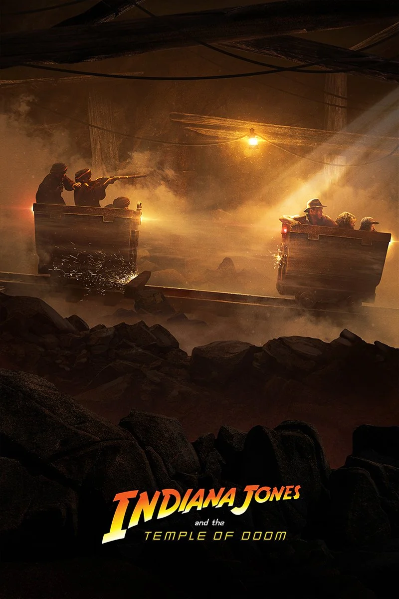 Scene from the movie 'Indiana Jones and the Temple of Doom,' featuring miners riding in carts through a dark, smoky tunnel with sparks flying and an overhead light illuminating the scene.