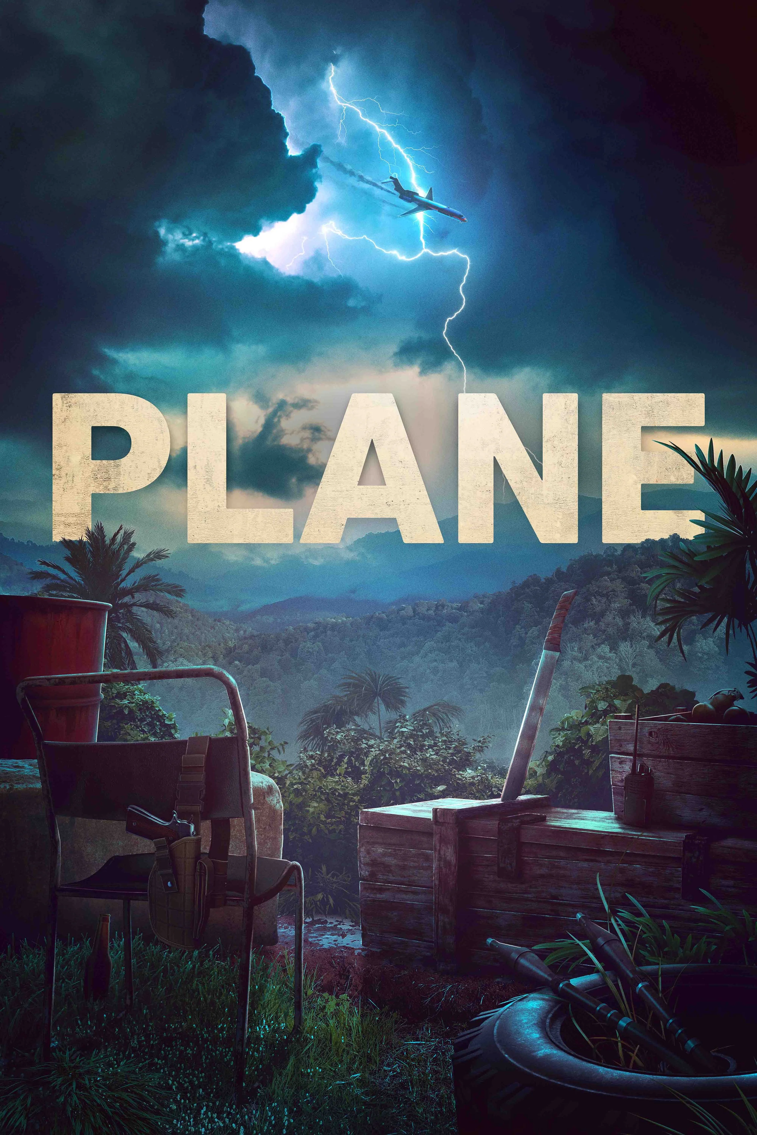A stormy scene with dark clouds and lightning over a lush green landscape. Large text spelling 'PLANE' is prominently displayed in the center. In the sky, there is a small airplane caught in a lightning strike, with a person hanging onto the plane's 