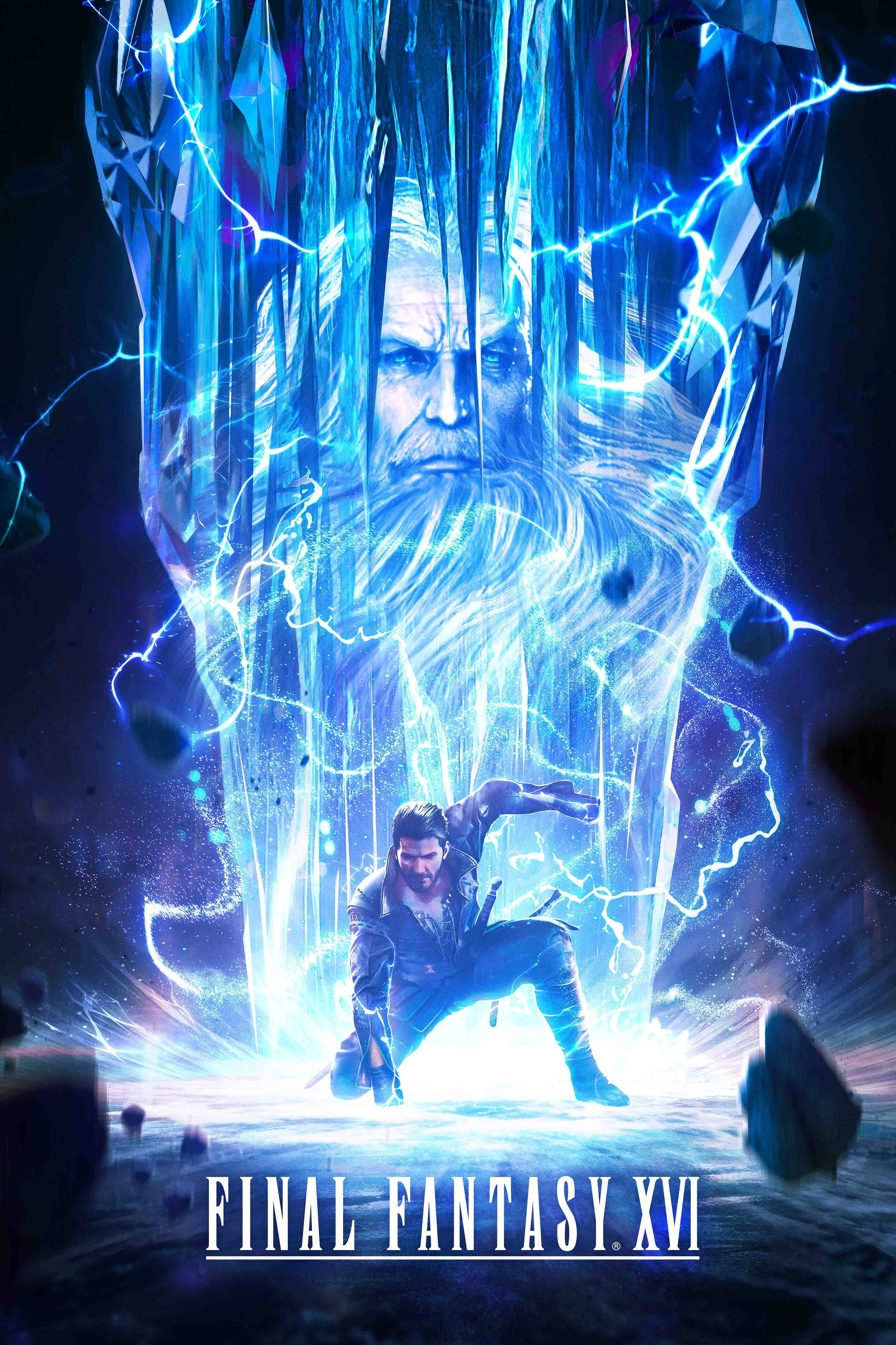 The cover art for the video game Final Fantasy XV, featuring a character in a dynamic pose with a background of blue lightning and an ethereal face with a beard and long hair.
