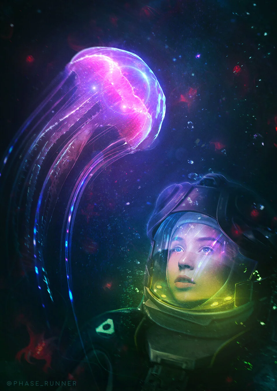 A woman in a spacesuit gazes at a glowing, translucent jellyfish in a colorful, cosmic background.