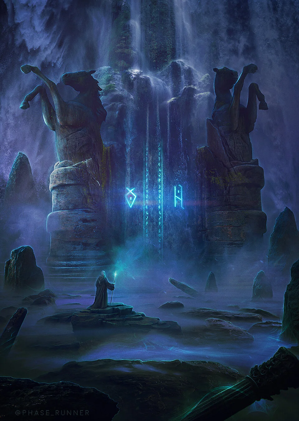 A mystical scene with two large horse statues overlooking a waterfall, a cloaked figure holding a staff with a glowing light, and glowing blue symbols in the misty landscape.