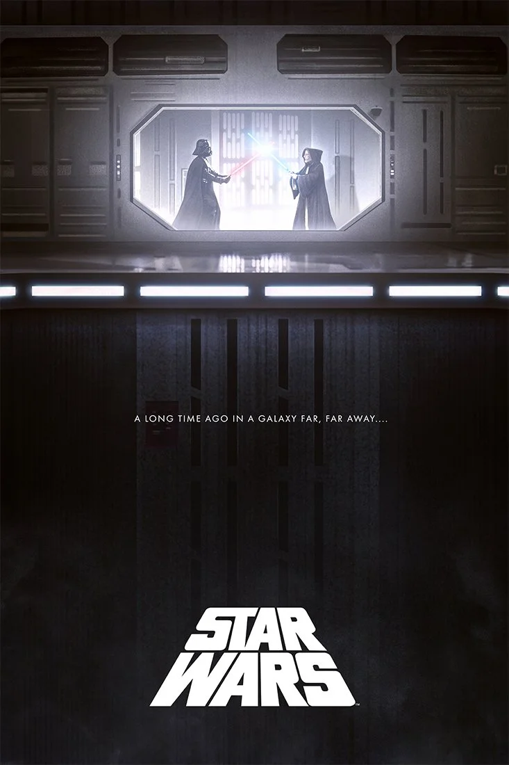 Star Wars poster showing Darth Vader and a Jedi lightsaber duel above a spaceship corridor, with the text "A long time ago in a galaxy far, far away...." and the Star Wars logo.