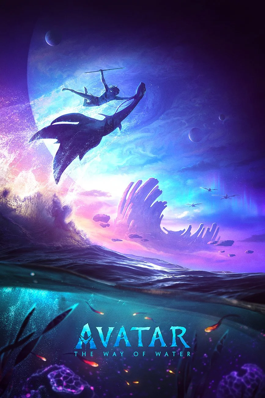 Poster for the movie "Avatar: The Way of Water" featuring a scene with a swimmer holding a spear, riding a large aquatic creature, with a cosmic background and a purple ocean wave.