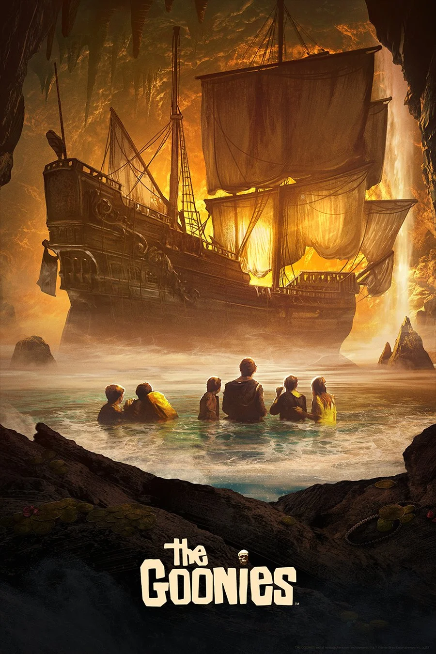 A large ship with sails is inside a cave with glowing orange lighting, and a group of six children are in the water looking at the ship.