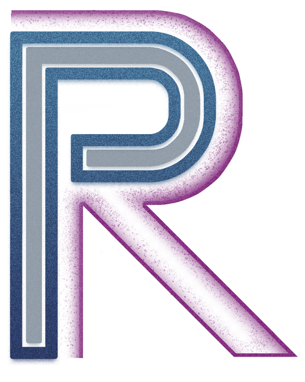 Close-up of a stylized letter P in black and gray, on a purple background.