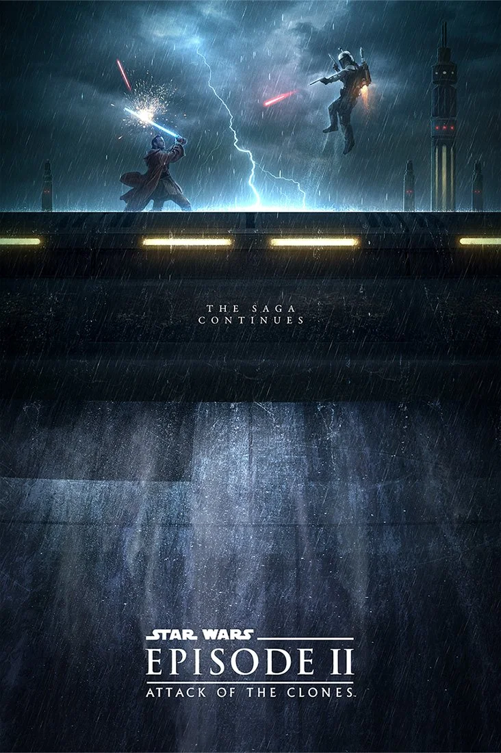 Stormy scene with two characters fighting on a bridge during rain, with lightning in the background, from Star Wars Episode II: Attack of the Clones.