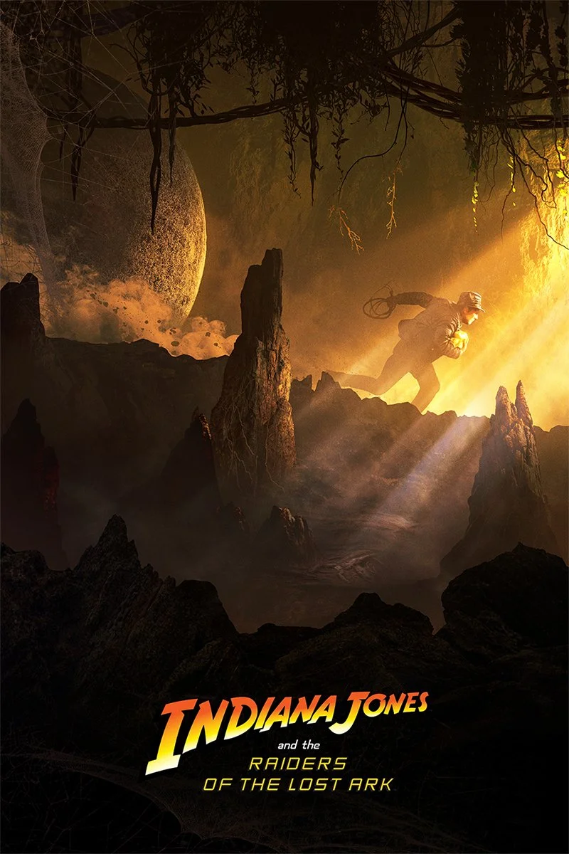 A scene from a movie poster for Indiana Jones and the Raiders of the Lost Ark, featuring an explorer climbing a rocky terrain with a jungle overhead, a large glowing celestial body in the sky, and beams of sunlight illuminating the scene.