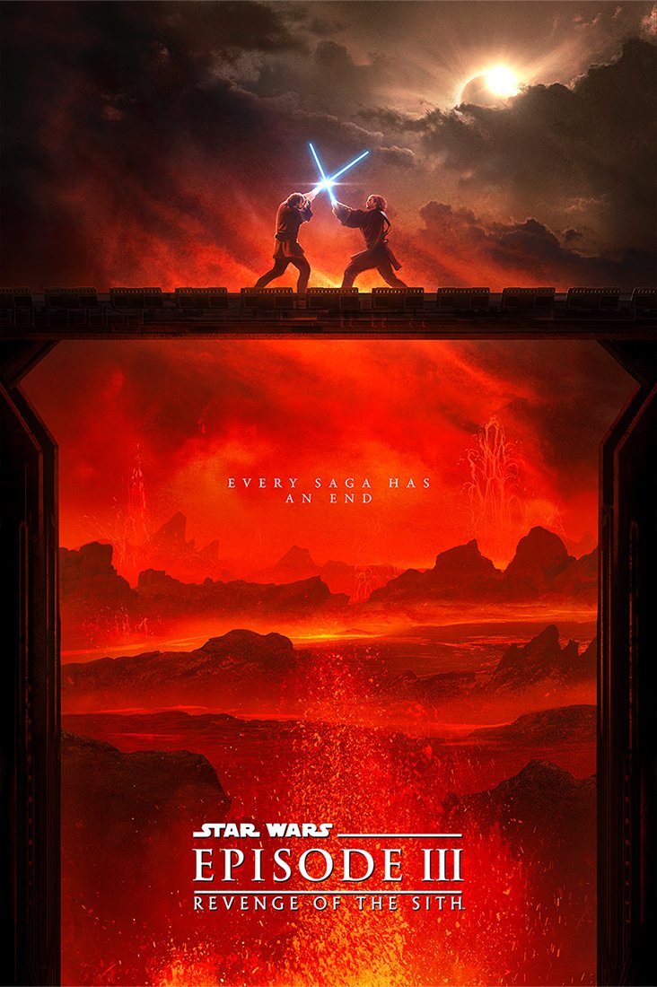 Two characters from Star Wars engaged in a lightsaber duel on a bridge with a fiery, volcanic landscape in the background and the moon in the sky.