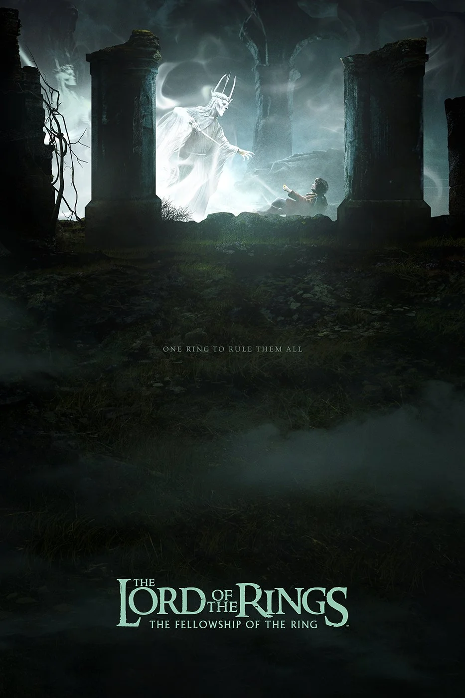 A dark fantasy scene with a ghostly figure of a king with a crown and a staff, reaching out to a person lying on the ground. Stone ruins and fog surround them. Text reads 'One ring to rule them all' and 'The Lord of the Rings: The Fellowship of the R