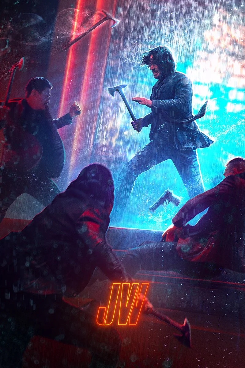 Scene from a fight involving multiple characters, with one character with long hair and beard wielding an axe, and others with weapons such as a gun and a baseball bat, in a rain-soaked environment with vibrant neon lighting and the initials 'J.W.' g