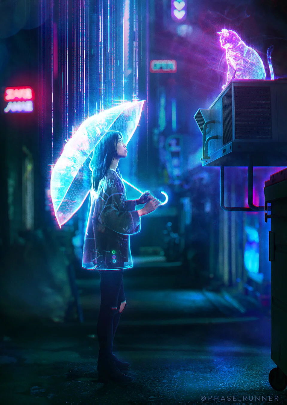 A young woman with an umbrella stands on a neon-lit city street at night, gazing at a holographic, glowing cat projected in front of her.