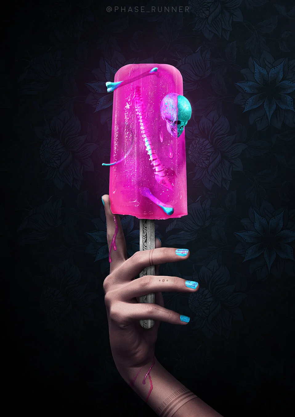 A hand with decorated nails holding a pink popsicle with a surreal skeleton and skull inside, set against a dark, floral-patterned background.