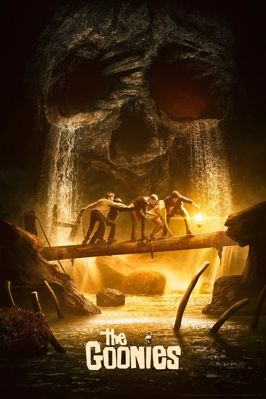 A promotional poster for the movie 'The Goonies' featuring four children crossing a bridge in a dark, cave-like environment with waterfalls and a giant skull-shaped rock formation in the background, with the film title at the bottom.