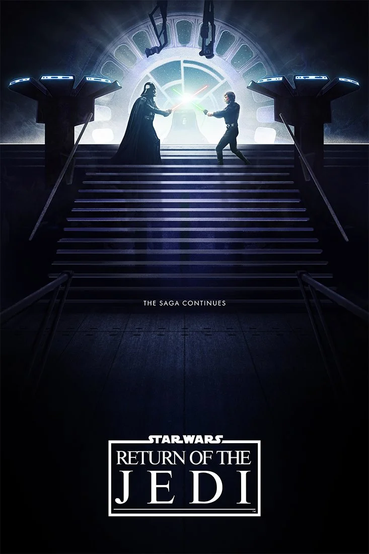Darth Vader and a young man with a red lightsaber, fighting on a staircase inside a sci-fi setting with large circular window and high-tech elements. The text reads 'The Saga Continues' and 'Star Wars: Return of the Jedi'.