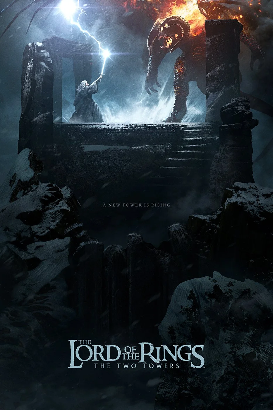 An illustration from 'The Lord of the Rings: The Two Towers' movie poster, showing Gandalf the wizard wielding a staff with lightning while facing a large, fiery, dragon-like creature on a snowy ruins platform, with the tagline "A new power is rising
