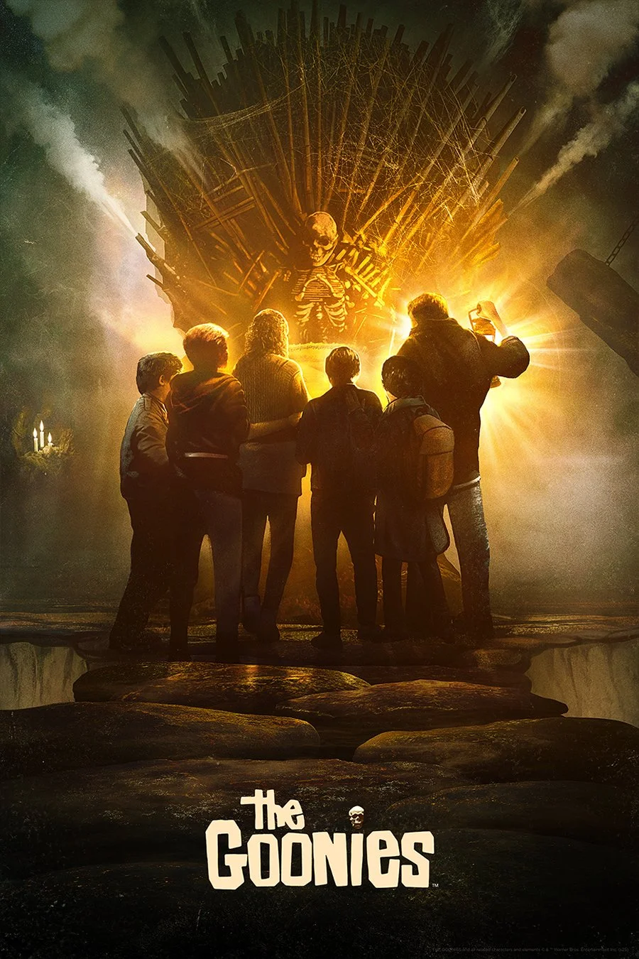 People standing in front of a large, fiery throne with a skull, from the movie poster for 'The Goonies'.