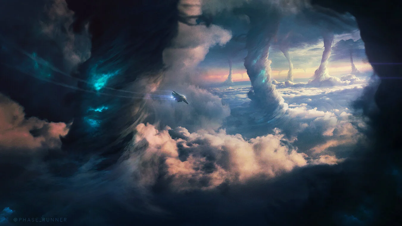 A spaceship flying through a surreal, colorful sky filled with swirling clouds and tornado-like formations.