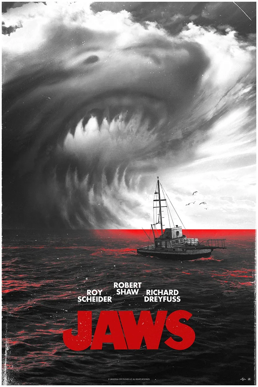 Black and white poster for the movie "Jaws" featuring a large, ominous shark's face in the clouds above the ocean. A small boat is visible on the water with the movie title "JAWS" in large red letters and the names of actors Roy Scheider, Robert Shaw, Richard Dreyfuss.