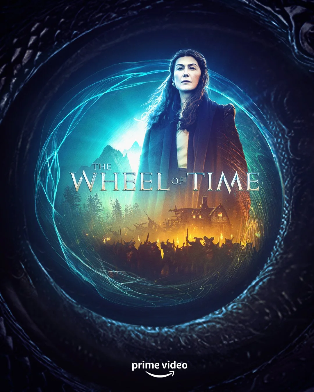 A promotional poster for 'The Wheel of Time' featuring a woman with dark hair and serious expression, standing in front of a mystical glowing landscape with forests, mountains, and a small village. The poster has a blue and orange color scheme with a