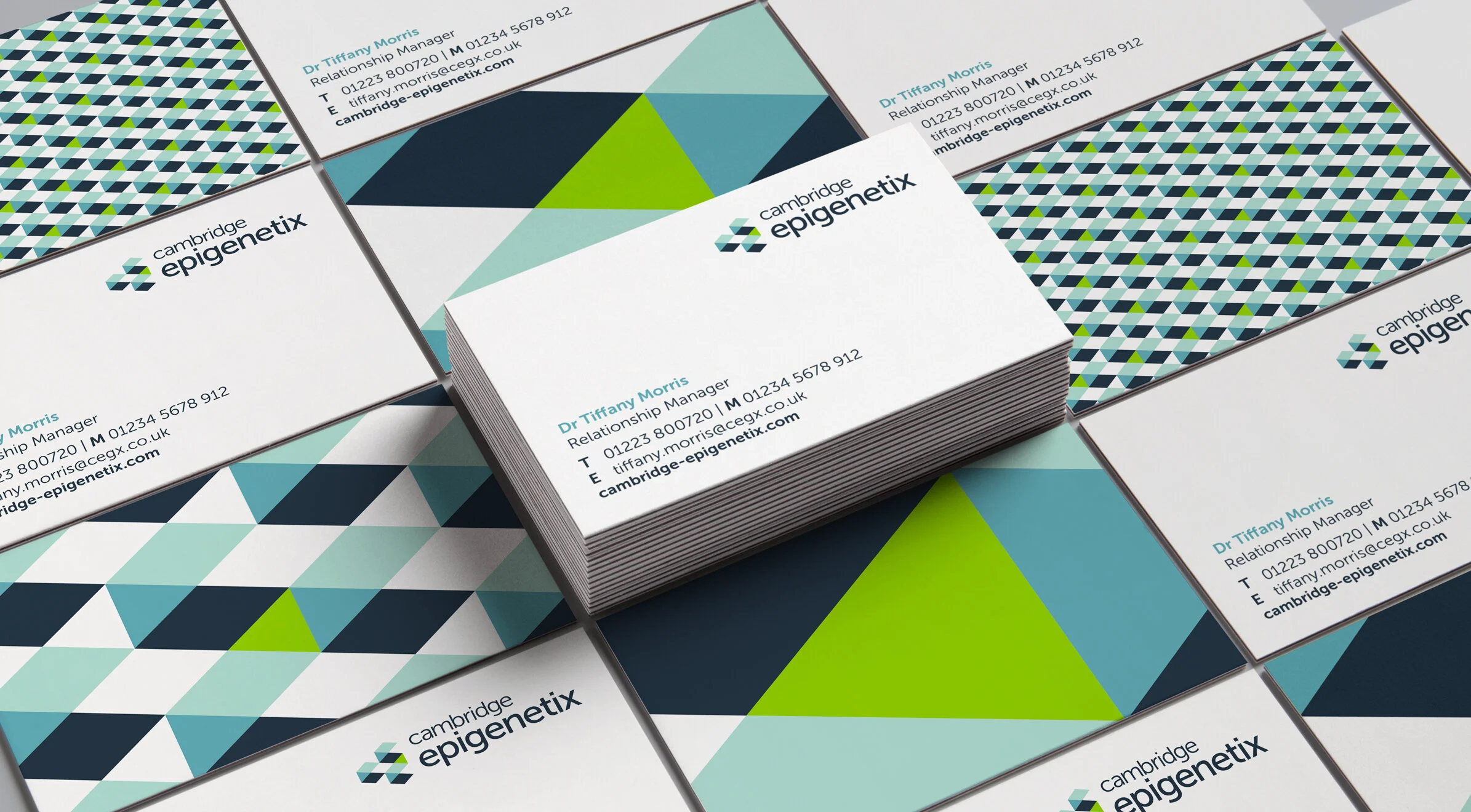 Business cards for Cambridge Epigenetix, featuring geometric patterns and contact information for Dr. Tiffany Morris, Relationship Manager.