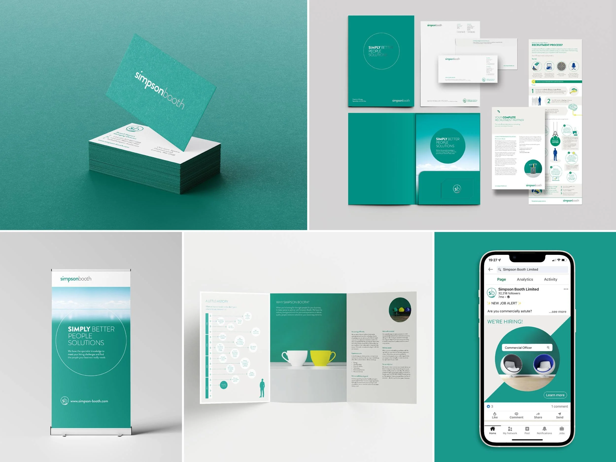 Collection of business branding materials for Simpson Booth, including business cards, brochures, banners, presentation folders, and a social media advertisement.