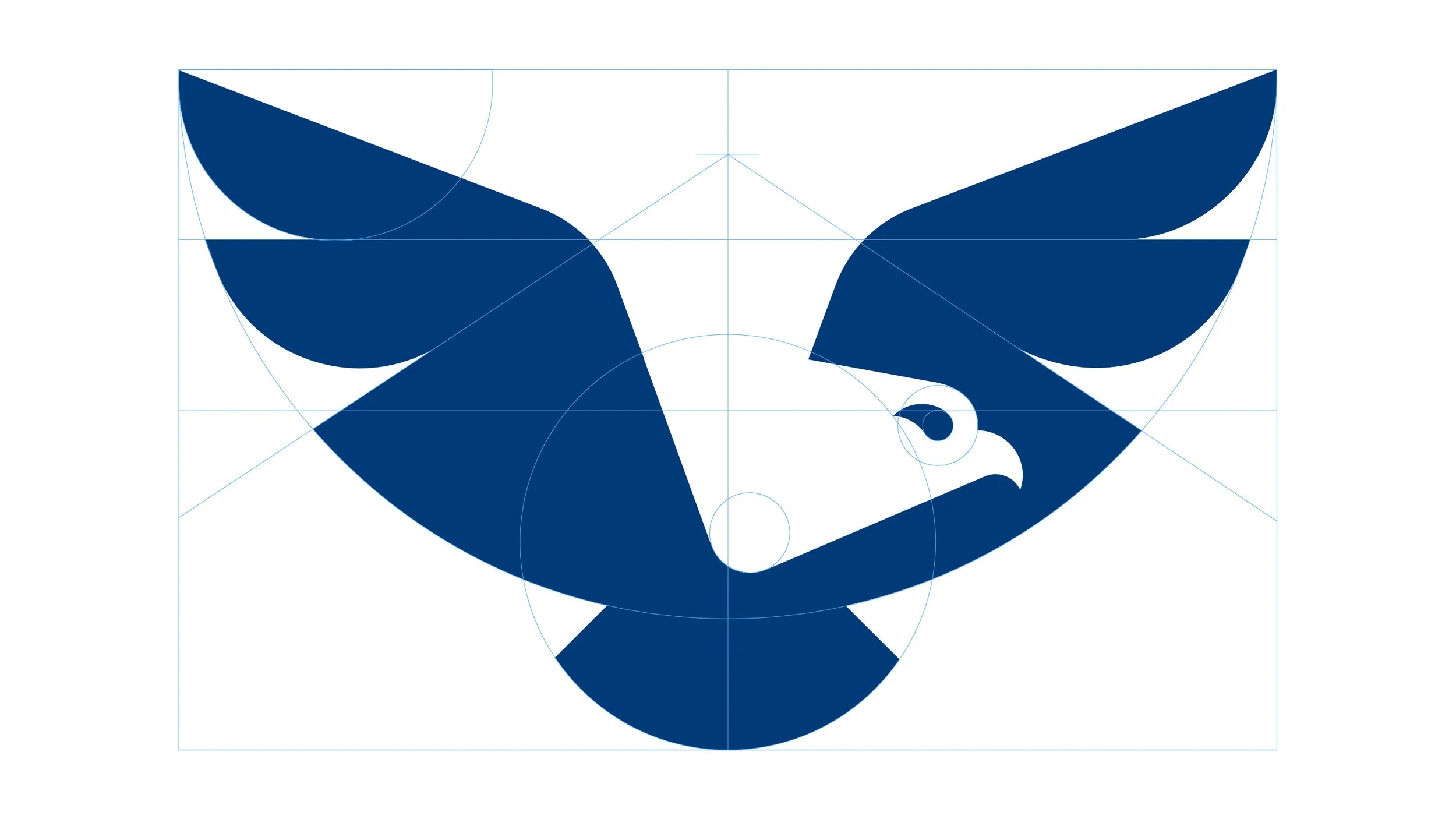 Stylized minimalist illustration of an eagle's face with wings, using geometric shapes and navy blue color on a white background.