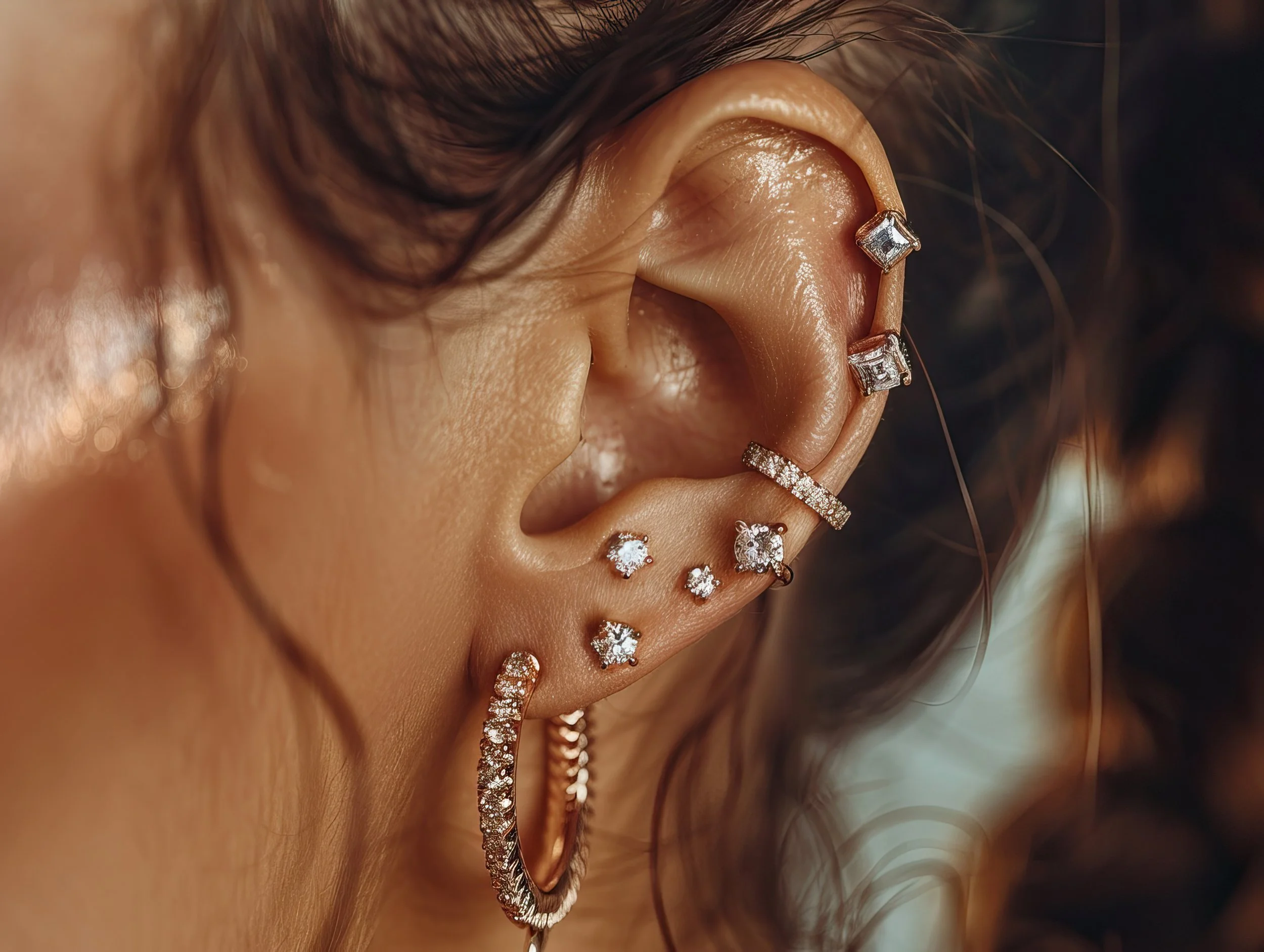 Close-up of a person's ear adorned with multiple silver earrings, including hoops, studs, and ear cuffs, some decorated with small diamonds or crystals.