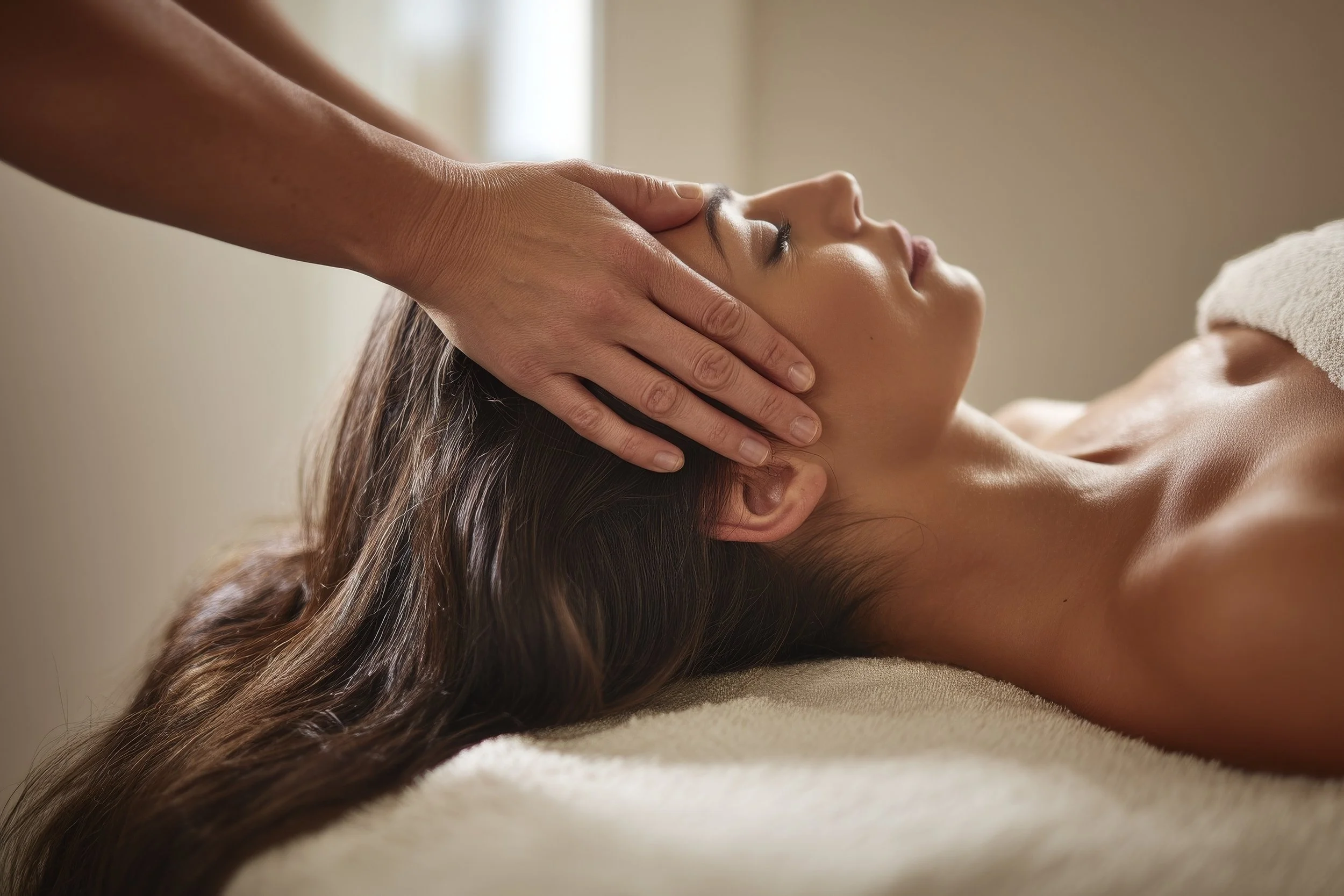 A woman receives a head massage while lying on a massage table, with her eyes closed and a relaxed expression.