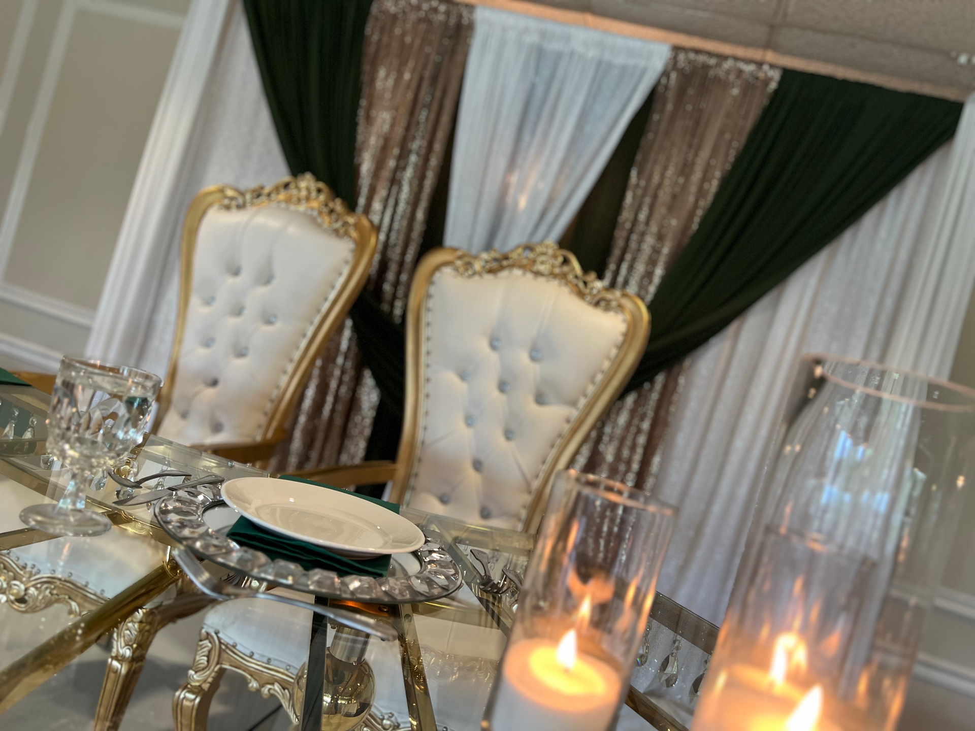 Wedding Ceremony Draping Design - White, Emerald Green & Gold