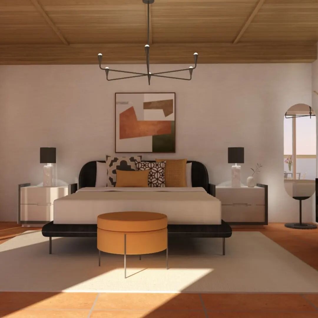 I designed this bedroom for a home in Spain, the floors are terracota and the walls are white plaster to keep the heat out! 

Would you like a room designed for your home, go to our website to see our service packages, and arrange a free chat on the 