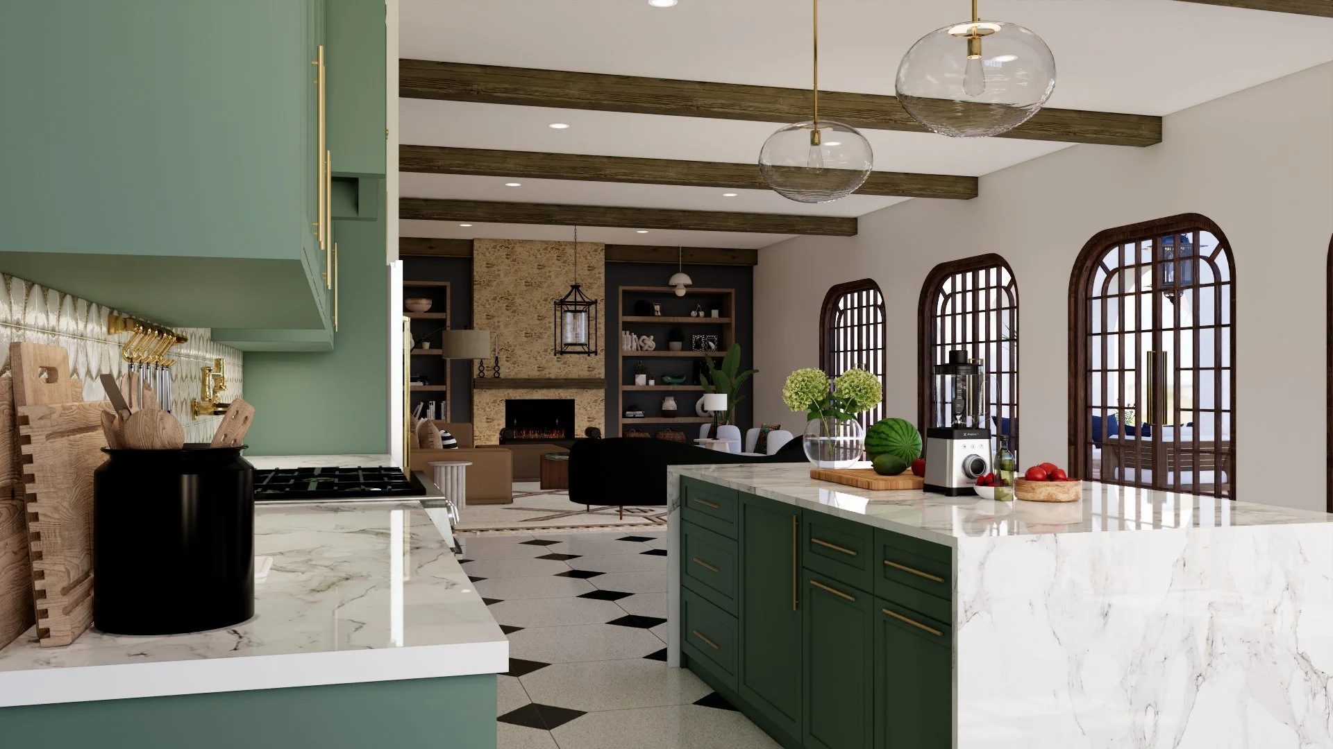 Luxury kitchen design featuring green cabinetry geometric tile backsplash- and modern pendant lighting..jpg