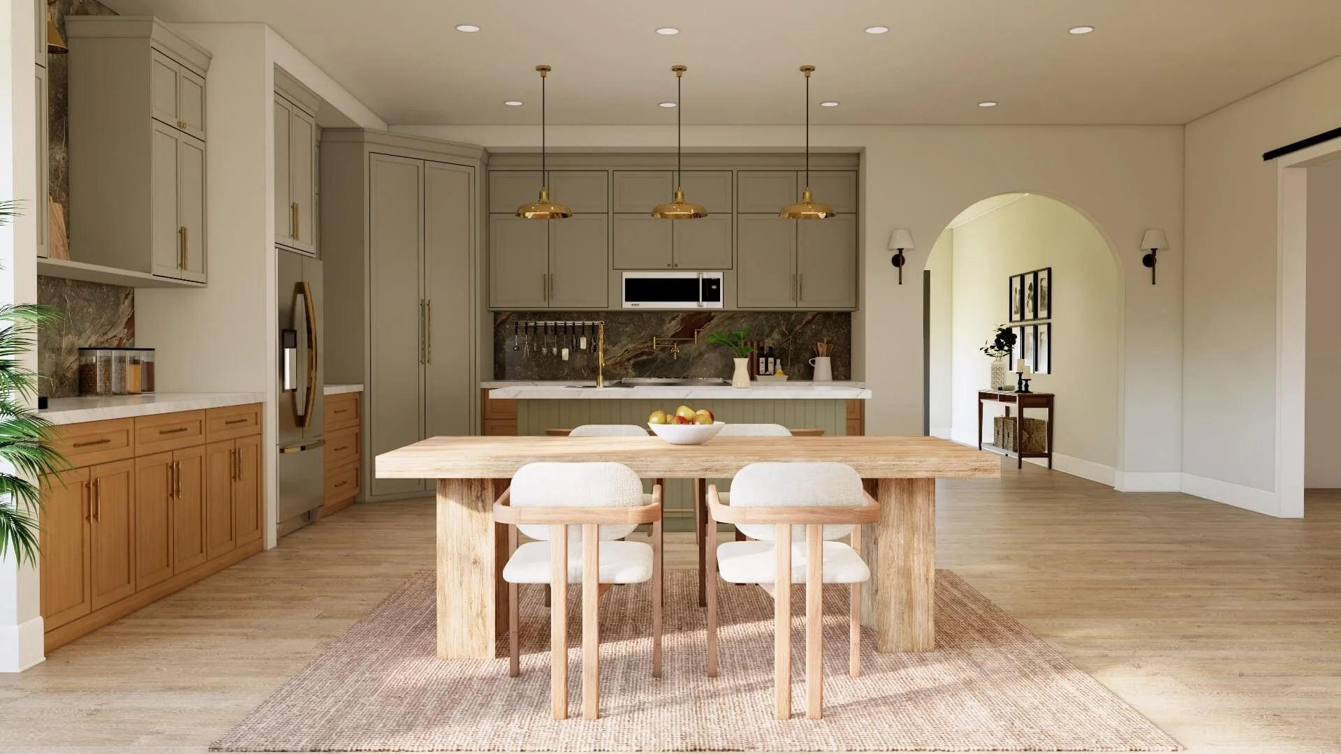 Modern sage green kitchen with taupe cabinetry wood drawers and sophisticated brass hardware.By wowedesign an Online Design Studio.jpg