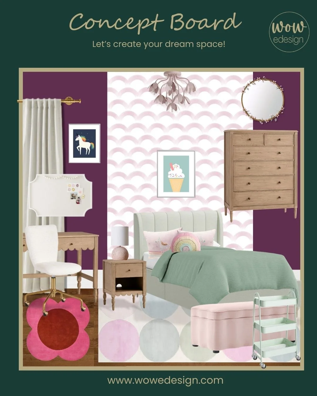 Sweet, whimsical kids&rsquo; room with grown-up style ✨

Mint channel-tufted bed, blush accents, scallop wallpaper by Love vs Design, and warm oak pieces styled with finds from Pottery Barn Kids, Crate &amp; Kids, and West Elm Kids, minted . Save for